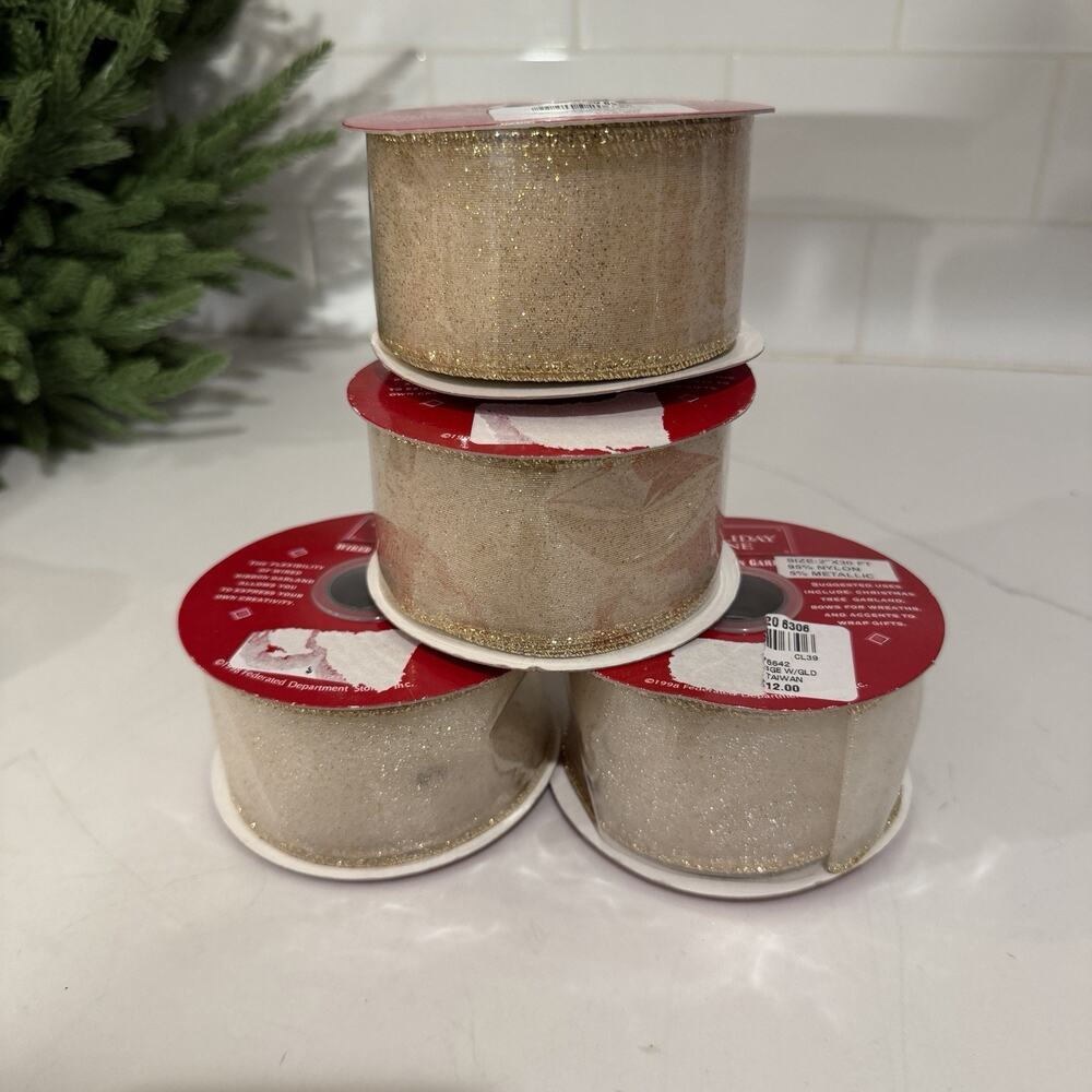 4 NEW Rolls Holiday Lane Wired Ribbon Garland Gold Metallic Sheer - 2” x 30ft